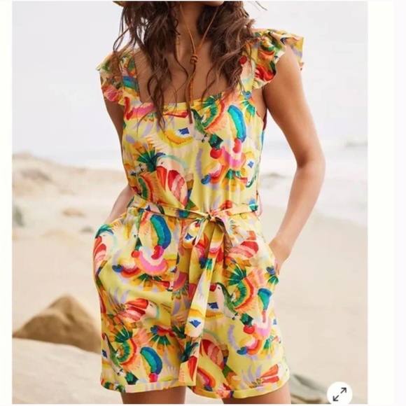 Farm Rio Tropical Parrot Feather Beach Boho Peasant Hipster Hippie Art Romper - Picture 1 of 3